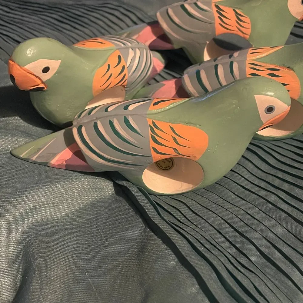 1980s Handpainted Wood Tropical Bird Parrot Napkin Rings Made in the Phillipines